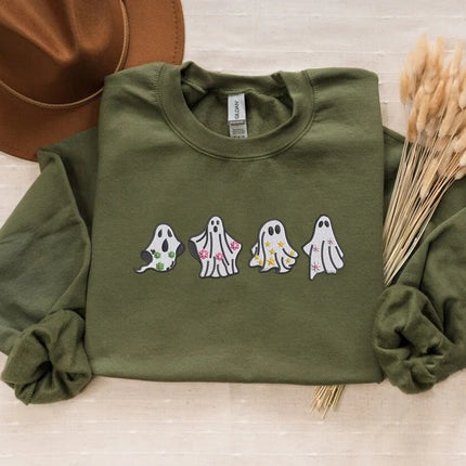 Embroidered Floral Ghost Halloween Sweater, Ghosts Spooky Season Sweatshirts, Fall Jumper, Halloween Jumper, Family Matching Halloween Gifts