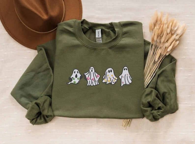 Embroidered Floral Ghost Halloween Sweater, Ghosts Spooky Season Sweatshirts, Fall Jumper, Halloween Jumper, Family Matching Halloween Gifts