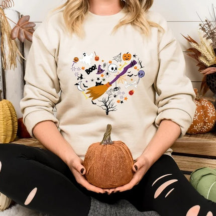 Halloween Doodles Heart Sweatshirts, Halloween Ghost Pumpkins Heart Printed Jumper