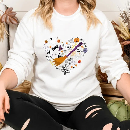 Halloween Doodles Heart Sweatshirts, Halloween Ghost Pumpkins Heart Printed Jumper