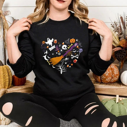 Halloween Doodles Heart Sweatshirts, Halloween Ghost Pumpkins Heart Printed Jumper