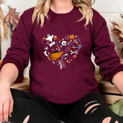 Halloween Doodles Heart Sweatshirts, Halloween Ghost Pumpkins Heart Printed Jumper