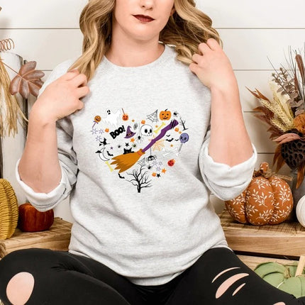 Halloween Doodles Heart Sweatshirts, Halloween Ghost Pumpkins Heart Printed Jumper
