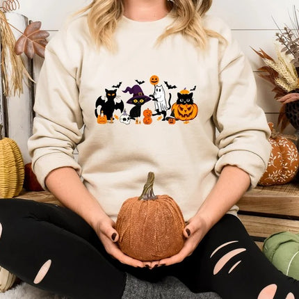 Halloween Black Cats Sweatshirt, Vintage Cats on Pumpkin Printed Sweater, Spooky Season Winking Pumpkin Jumper, Cat Lovers Halloween Outfits
