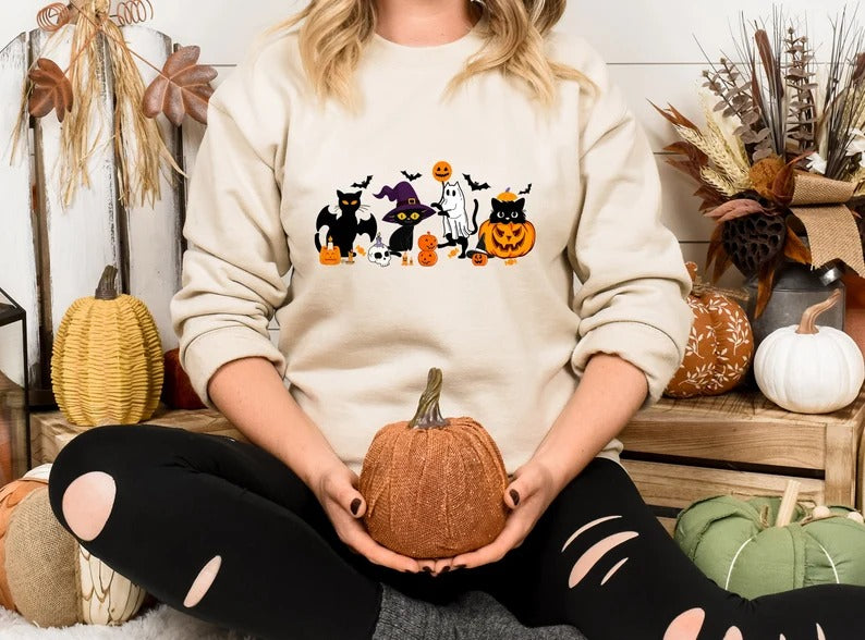 Halloween Black Cats Sweatshirt, Vintage Cats on Pumpkin Printed Sweater, Spooky Season Winking Pumpkin Jumper, Cat Lovers Halloween Outfits