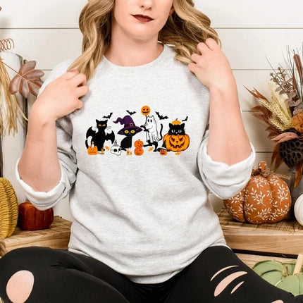 Halloween Black Cats Sweatshirt, Vintage Cats on Pumpkin Printed Sweater, Spooky Season Winking Pumpkin Jumper, Cat Lovers Halloween Outfits