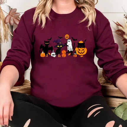 Halloween Black Cats Sweatshirt, Vintage Cats on Pumpkin Printed Sweater, Spooky Season Winking Pumpkin Jumper, Cat Lovers Halloween Outfits