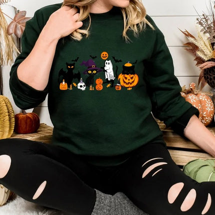 Halloween Black Cats Sweatshirt, Vintage Cats on Pumpkin Printed Sweater, Spooky Season Winking Pumpkin Jumper, Cat Lovers Halloween Outfits