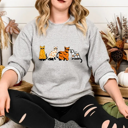 Halloween Ghost Cats Sweatshirt, Cute Black Cats Printed Sweater, Witchy Halloween Jumper, Spooky Season Crewneck, Cat Lover Halloween Gifts
