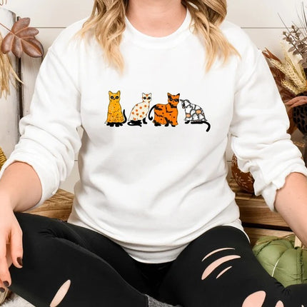 Halloween Ghost Cats Sweatshirt, Cute Black Cats Printed Sweater, Witchy Halloween Jumper, Spooky Season Crewneck, Cat Lover Halloween Gifts