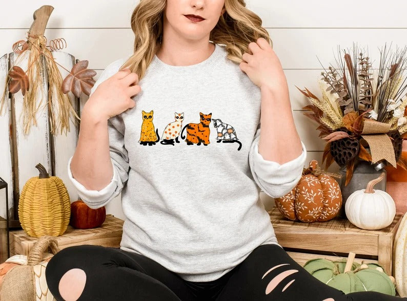 Halloween Ghost Cats Sweatshirt, Cute Black Cats Printed Sweater, Witchy Halloween Jumper, Spooky Season Crewneck, Cat Lover Halloween Gifts