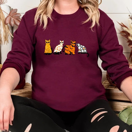 Halloween Ghost Cats Sweatshirt, Cute Black Cats Printed Sweater, Witchy Halloween Jumper, Spooky Season Crewneck, Cat Lover Halloween Gifts