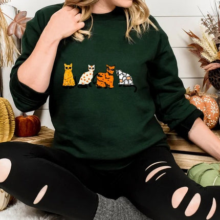 Halloween Ghost Cats Sweatshirt, Cute Black Cats Printed Sweater, Witchy Halloween Jumper, Spooky Season Crewneck, Cat Lover Halloween Gifts