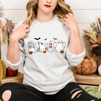 Halloween Nurse Ghosts Sweatshirt, Cute Halloween Ghosts Printed Jumper, Halloween Nursing Tops, Nurse Sweaters, Halloween Gift for Doctors