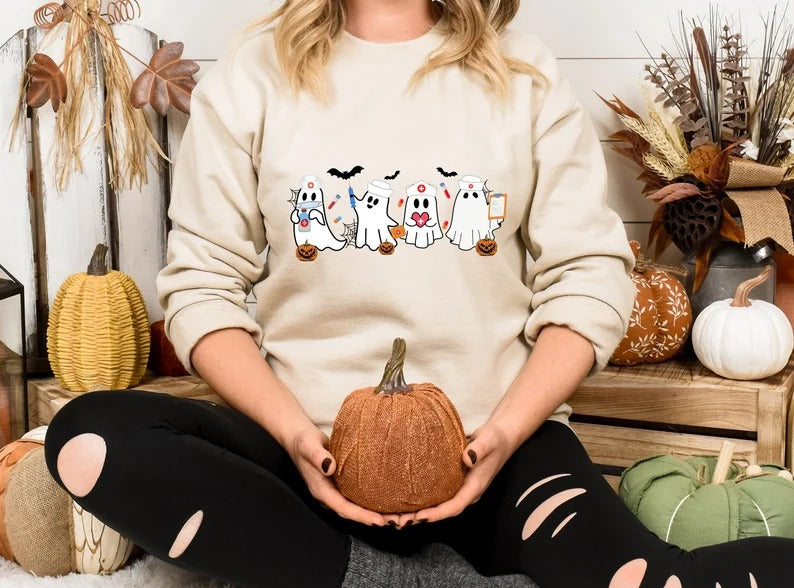 Halloween Nurse Ghosts Sweatshirt, Cute Halloween Ghosts Printed Jumper, Halloween Nursing Tops, Nurse Sweaters, Halloween Gift for Doctors