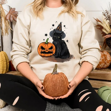 Vintage Halloween Cat Sweatshirt, Halloween Winking Pumpkin Printed Sweater, Spooky Witchy Cat Tops, Spooky Season Jumper, Cat Lover Gifts