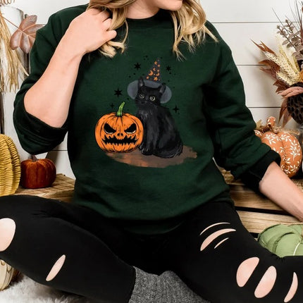 Vintage Halloween Cat Sweatshirt, Halloween Winking Pumpkin Printed Sweater, Spooky Witchy Cat Tops, Spooky Season Jumper, Cat Lover Gifts