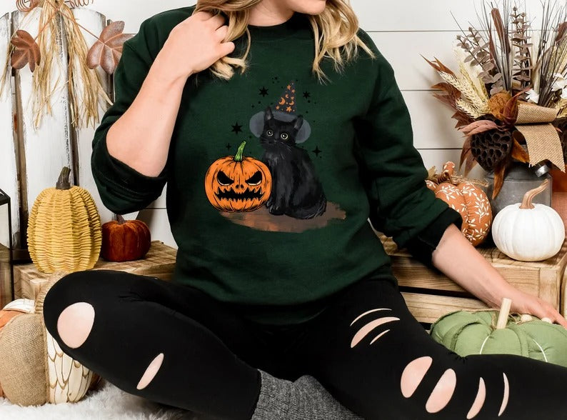 Vintage Halloween Cat Sweatshirt, Halloween Winking Pumpkin Printed Sweater, Spooky Witchy Cat Tops, Spooky Season Jumper, Cat Lover Gifts