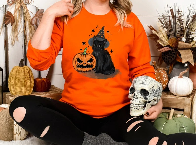 Vintage Halloween Cat Sweatshirt, Halloween Winking Pumpkin Printed Sweater, Spooky Witchy Cat Tops, Spooky Season Jumper, Cat Lover Gifts