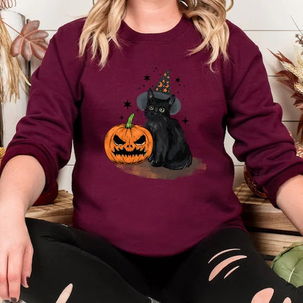 Vintage Halloween Cat Sweatshirt, Halloween Winking Pumpkin Printed Sweater, Spooky Witchy Cat Tops, Spooky Season Jumper, Cat Lover Gifts