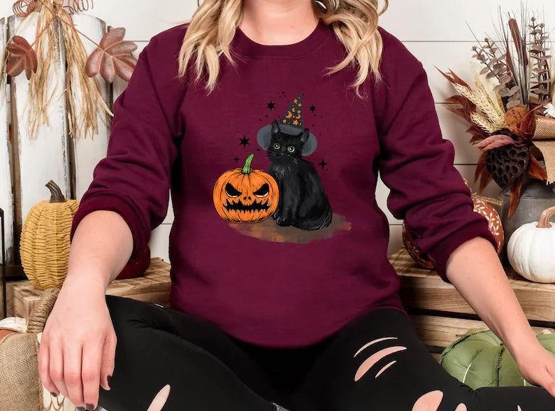 Vintage Halloween Cat Sweatshirt, Halloween Winking Pumpkin Printed Sweater, Spooky Witchy Cat Tops, Spooky Season Jumper, Cat Lover Gifts