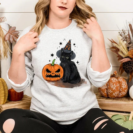 Vintage Halloween Cat Sweatshirt, Halloween Winking Pumpkin Printed Sweater, Spooky Witchy Cat Tops, Spooky Season Jumper, Cat Lover Gifts