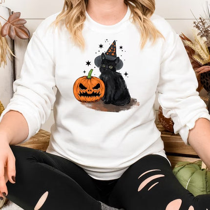Vintage Halloween Cat Sweatshirt, Halloween Winking Pumpkin Printed Sweater, Spooky Witchy Cat Tops, Spooky Season Jumper, Cat Lover Gifts
