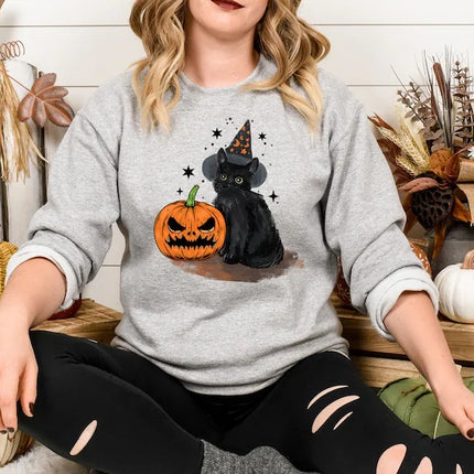 Vintage Halloween Cat Sweatshirt, Halloween Winking Pumpkin Printed Sweater, Spooky Witchy Cat Tops, Spooky Season Jumper, Cat Lover Gifts