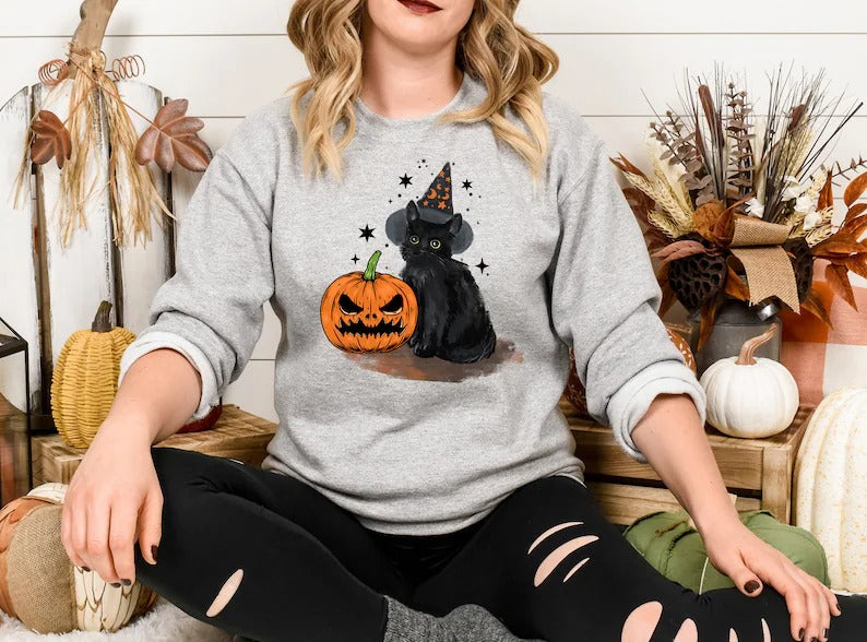 Vintage Halloween Cat Sweatshirt, Halloween Winking Pumpkin Printed Sweater, Spooky Witchy Cat Tops, Spooky Season Jumper, Cat Lover Gifts