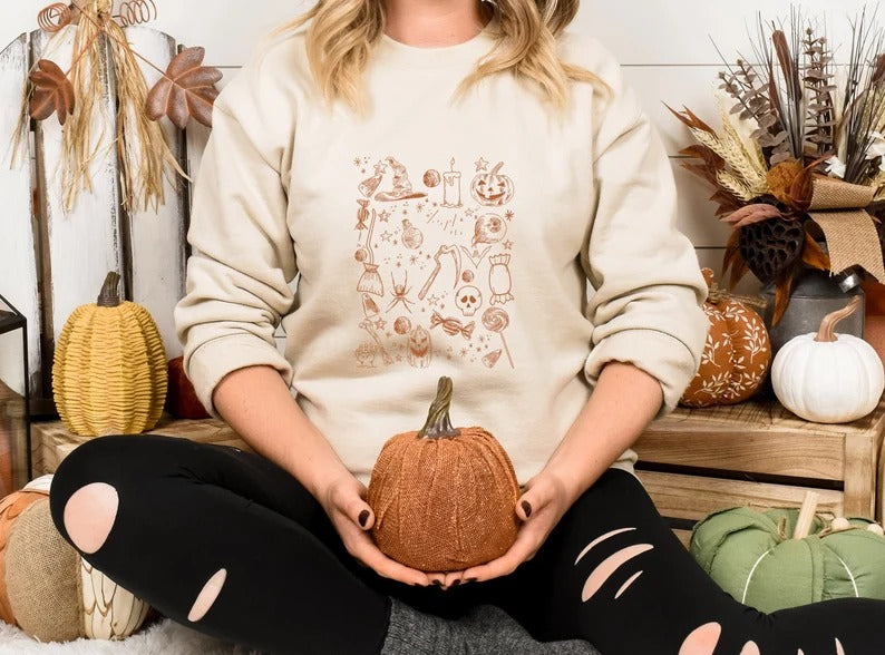 Halloween Doodles Sweatshirts, Halloween Ghost Pumpkins Printed Crewneck Jumper, Autumn Fall Unisex Easy Fit Sweaters, Halloween Party Gifts