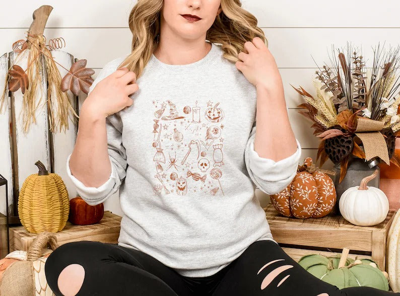 Halloween Doodles Sweatshirts, Halloween Ghost Pumpkins Printed Crewneck Jumper, Autumn Fall Unisex Easy Fit Sweaters, Halloween Party Gifts