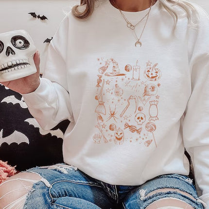 Halloween Doodles Sweatshirts, Halloween Ghost Pumpkins Printed Crewneck Jumper