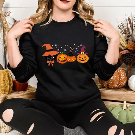 Vintage Halloween Black Cats Sweatshirt, Cats on Pumpkin Printed Sweater, Spooky Season Winking Pumpkin Jumper, Cat Lovers Halloween Outfits