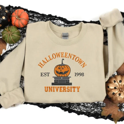Halloween Town University Sweatshirt, Embroidered Halloween Pumpkin Jumper, Spooky Season Crewneck Sweater, Halloween Ghost Unisex Outfits