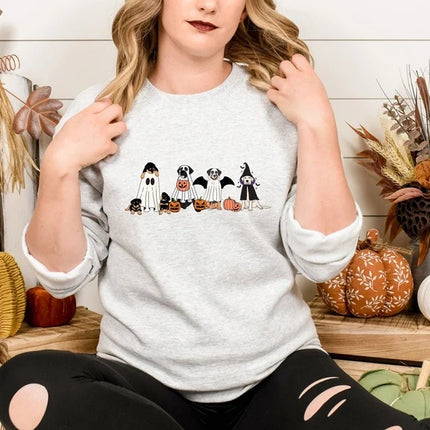 Halloween Ghost Dogs Printed Sweatshirt, Halloween Puppies And Dogs Sweater, Spooky Season Dog Lover Sweaters, Gothic Dogs Halloween Outfits