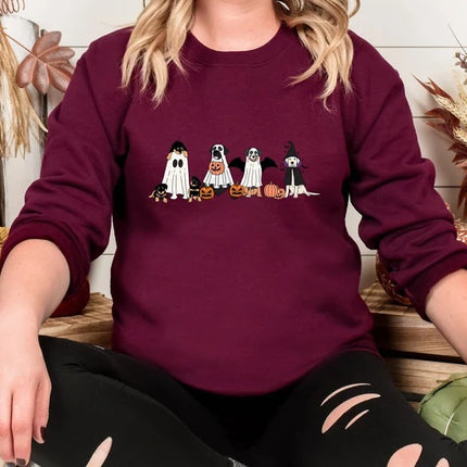 Halloween Ghost Dogs Printed Sweatshirt, Halloween Puppies And Dogs Sweater, Spooky Season Dog Lover Sweaters, Gothic Dogs Halloween Outfits