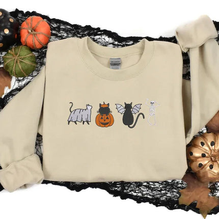 Halloween Cats Embroidered Sweatshirt, Cute Autumn Sweater, Skeleton Halloween Jumper, Cat Lover Pumpkin Unisex Sweatshirt Free Delivery UK