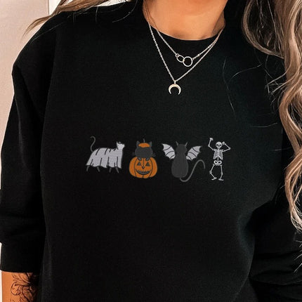 Halloween Cats Embroidered Sweatshirt, Cute Autumn Sweater, Skeleton Halloween Jumper, Cat Lover Pumpkin Unisex Sweatshirt Free Delivery UK