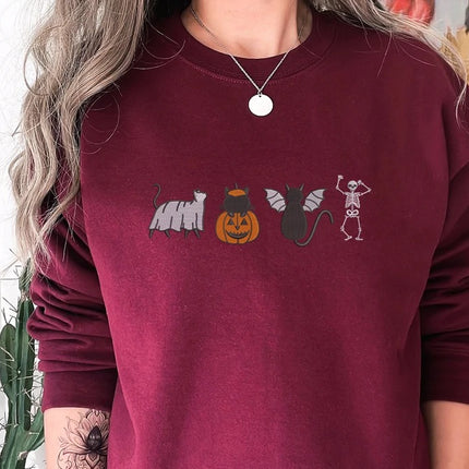 Halloween Cats Embroidered Sweatshirt, Cute Autumn Sweater, Skeleton Halloween Jumper, Cat Lover Pumpkin Unisex Sweatshirt Free Delivery UK
