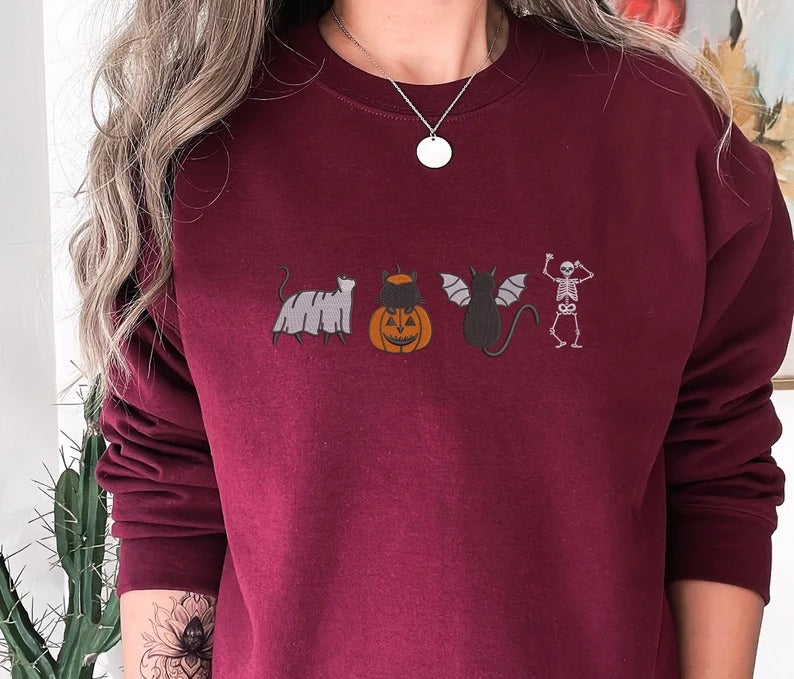 Halloween Cats Embroidered Sweatshirt, Cute Autumn Sweater, Skeleton Halloween Jumper, Cat Lover Pumpkin Unisex Sweatshirt Free Delivery UK