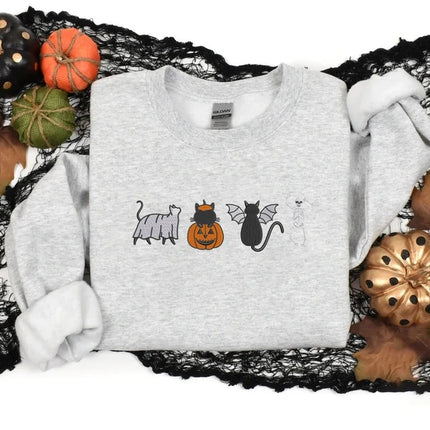 Halloween Cats Embroidered Sweatshirt, Cute Autumn Sweater, Skeleton Halloween Jumper, Cat Lover Pumpkin Unisex Sweatshirt Free Delivery UK