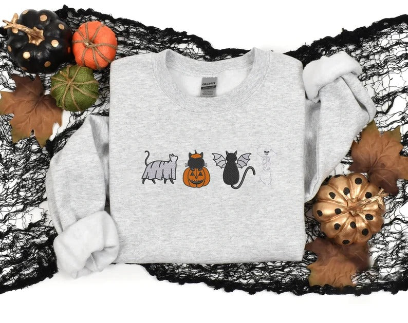 Halloween Cats Embroidered Sweatshirt, Cute Autumn Sweater, Skeleton Halloween Jumper, Cat Lover Pumpkin Unisex Sweatshirt Free Delivery UK