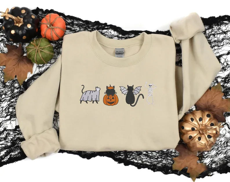 Halloween Cats Embroidered Sweatshirt, Cute Autumn Sweater, Skeleton Halloween Jumper, Cat Lover Pumpkin Unisex Sweatshirt Free Delivery UK