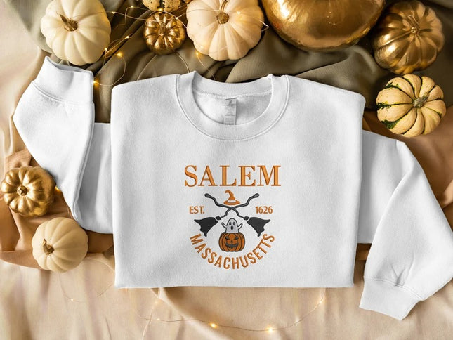 Salem Massachusetts Embroidered Sweatshirt, Halloween Trendy Autumn Crewneck