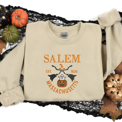 Salem Massachusetts Embroidered Sweatshirt, Halloween Trendy Autumn Crewneck