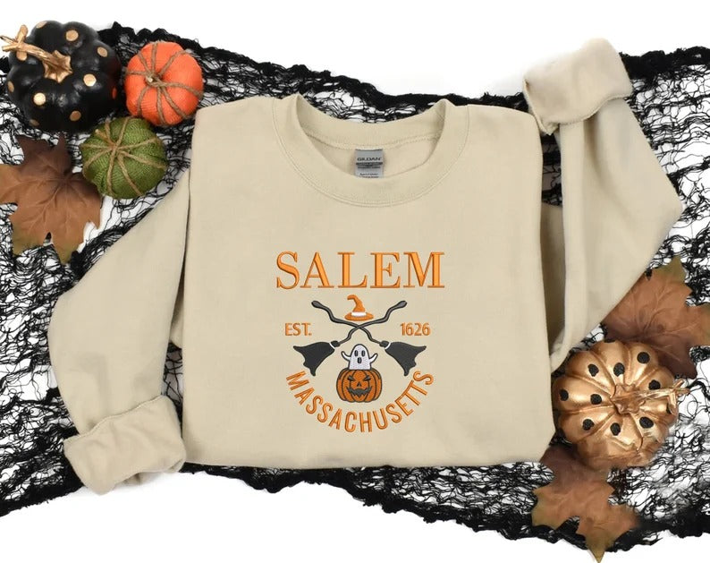 Salem Massachusetts Embroidered Sweatshirt, Halloween Trendy Autumn Crewneck, Vintage Salem Sweatshirt, Spooky Season Unisex Sweatshirt