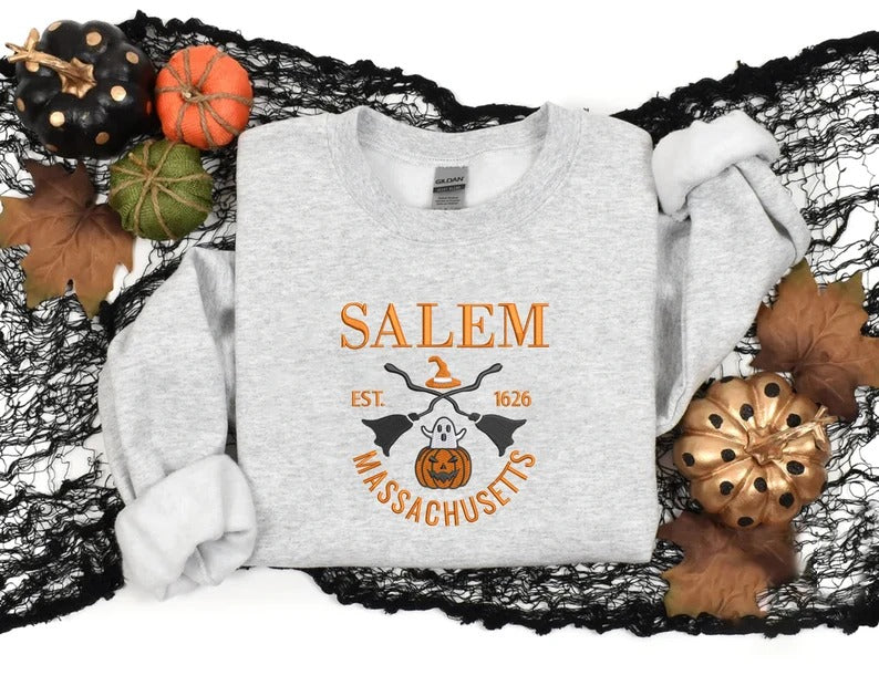 Salem Massachusetts Embroidered Sweatshirt, Halloween Trendy Autumn Crewneck, Vintage Salem Sweatshirt, Spooky Season Unisex Sweatshirt