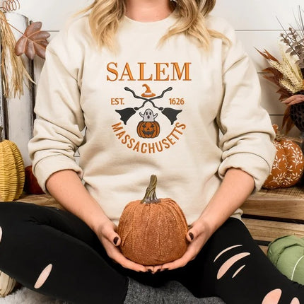 Salem Massachusetts Embroidered Sweatshirt, Halloween Trendy Autumn Crewneck