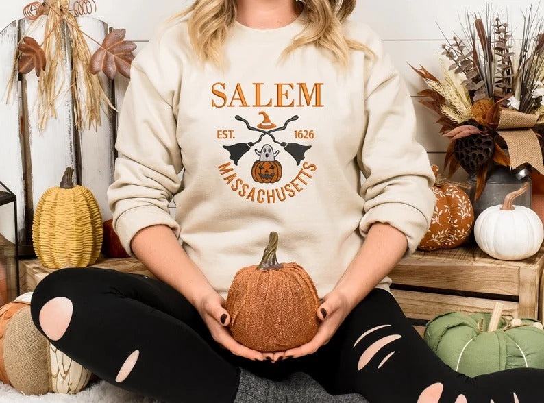 Salem Massachusetts Embroidered Sweatshirt, Halloween Trendy Autumn Crewneck, Vintage Salem Sweatshirt, Spooky Season Unisex Sweatshirt