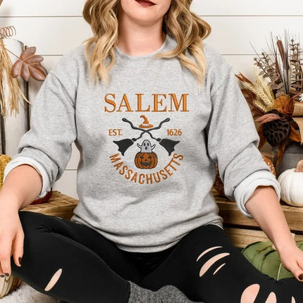 Salem Massachusetts Embroidered Sweatshirt, Halloween Trendy Autumn Crewneck